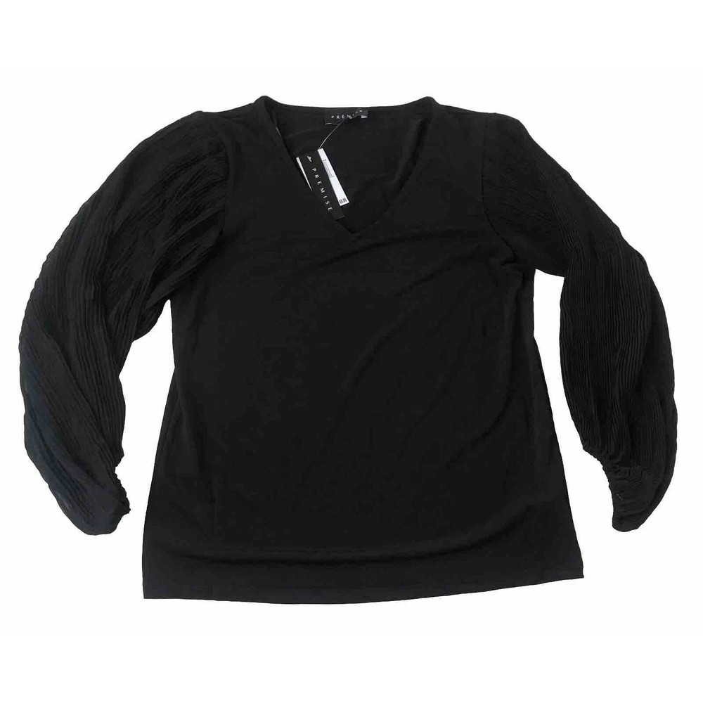 Premise Top Black Sheer Ribbed Balloon Sleeve Small NWT